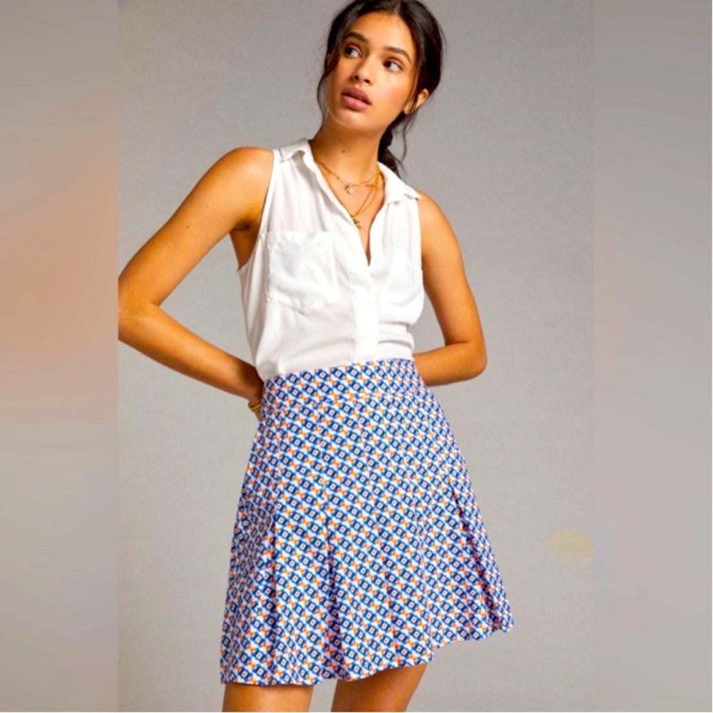 Maeve Blue, Orange, and white pleated skirt